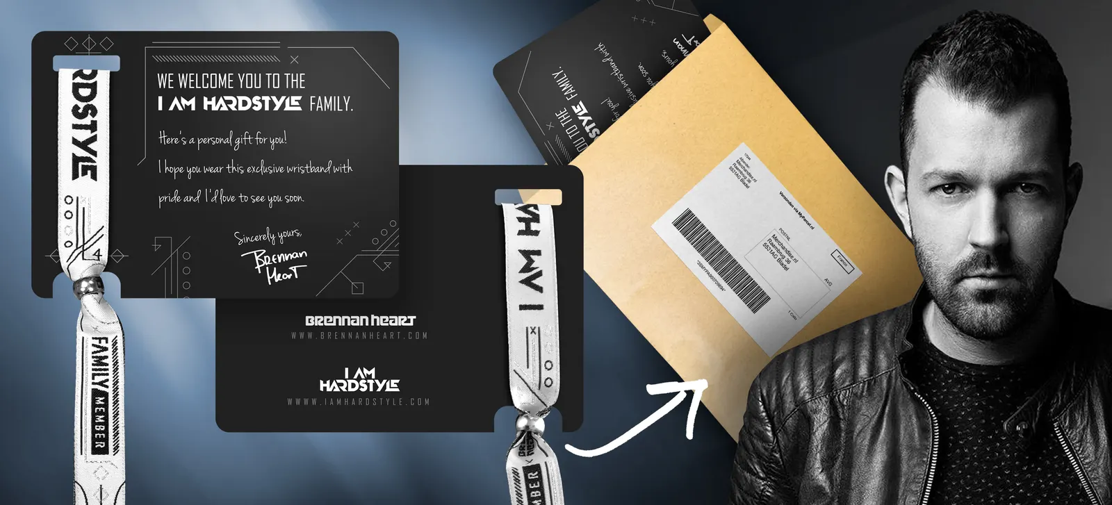 I AM HARDSTYLE mailing: card with personal message, woven wristband and envelope, next to a photo of Brennan Heart