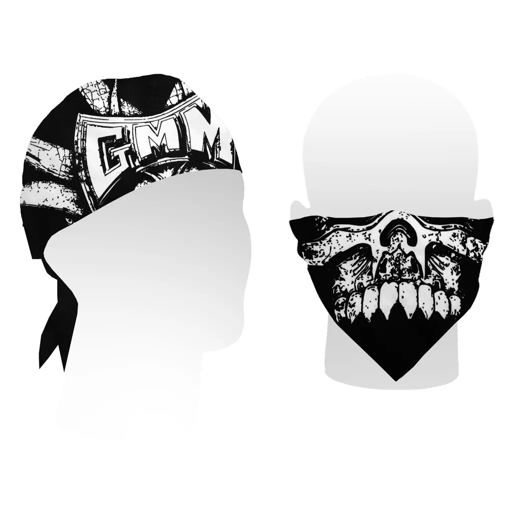 All-over printed Graspop bandana with skull artwork, worn as a face cover