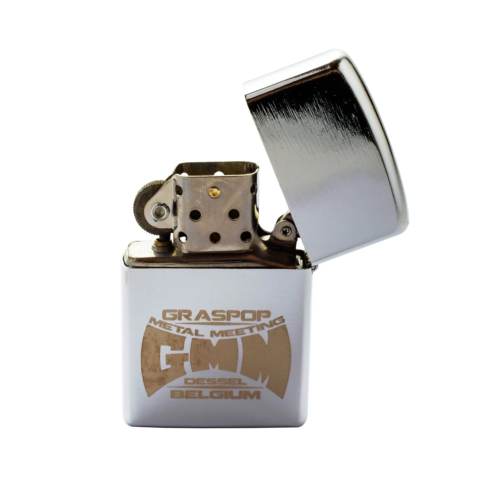 Chrome lighter engraved with the Graspop Metal Meeting logo