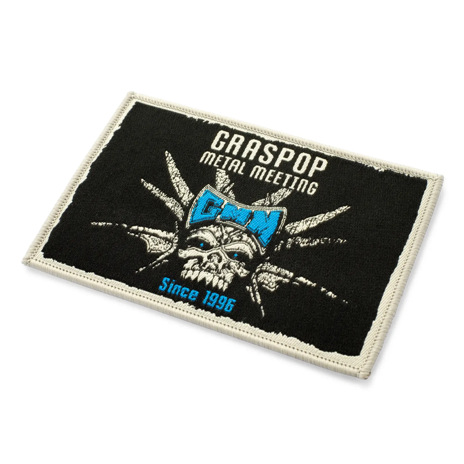 Rectangular Graspop Metal Meeting patch with skull artwork and stitched border