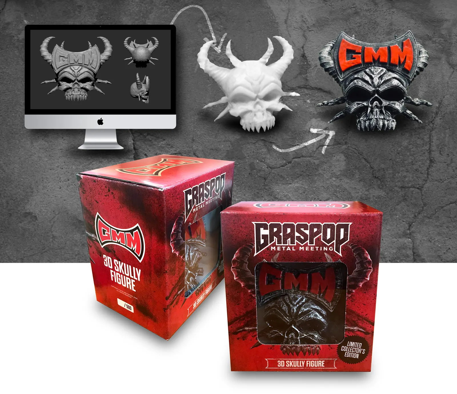 Graspop Metal Meeting Skully figurine with its red branded box, next to the design on screen