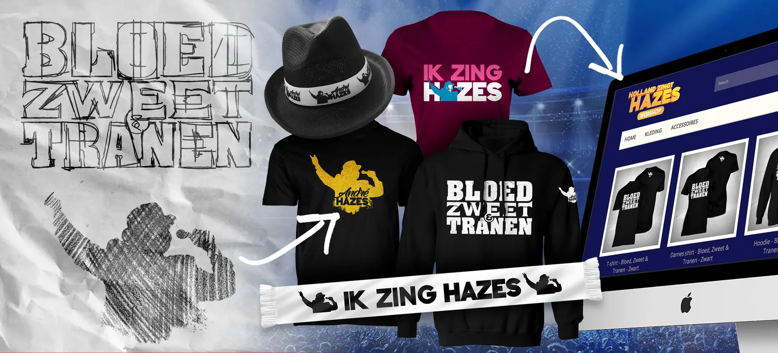 Holland Zingt Hazes merch from sketch to webshop: hat, scarf, T-shirts and hoodie, and the event webshop on screen