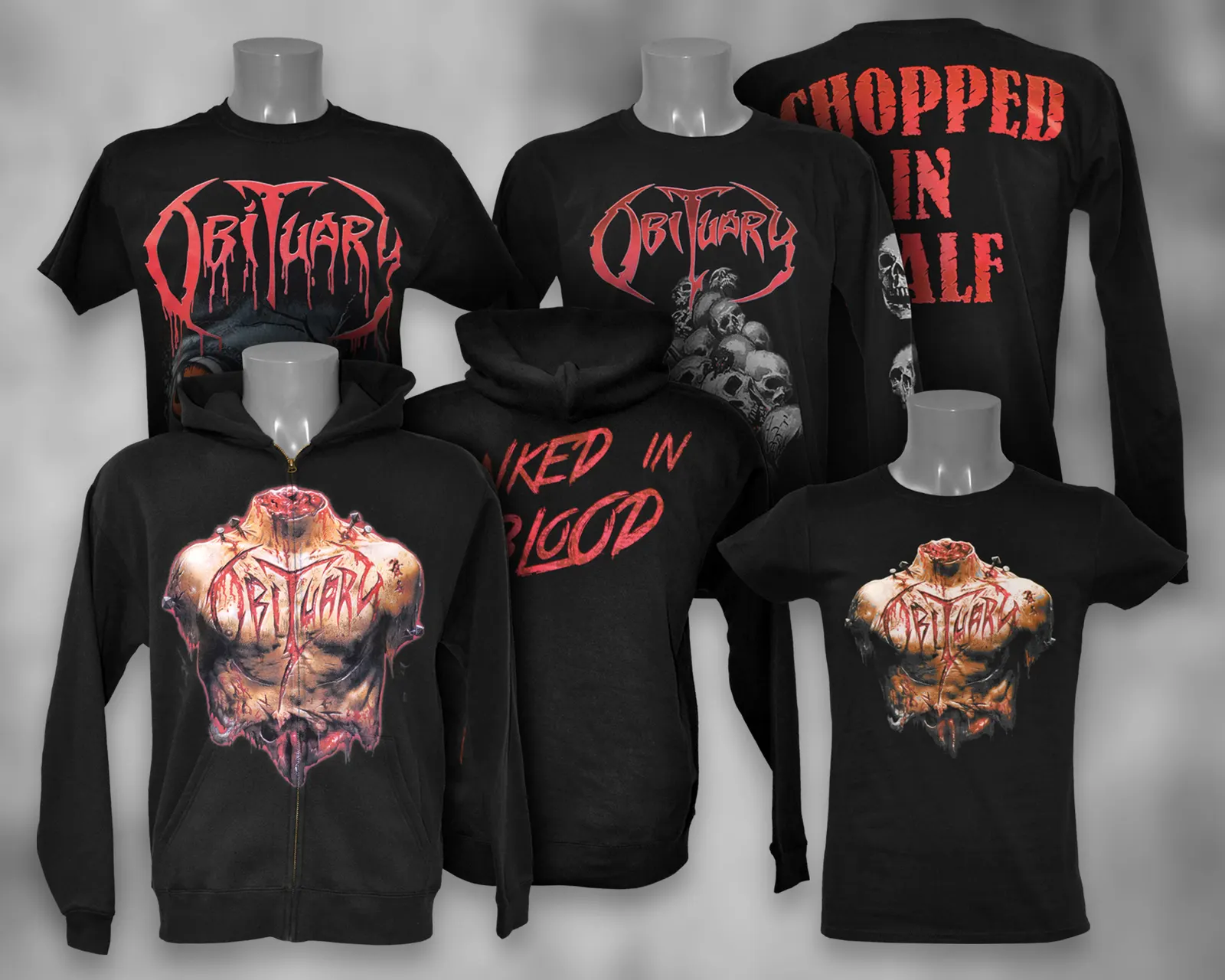 Obituary tour merchandise: printed T-shirts and long sleeves on display