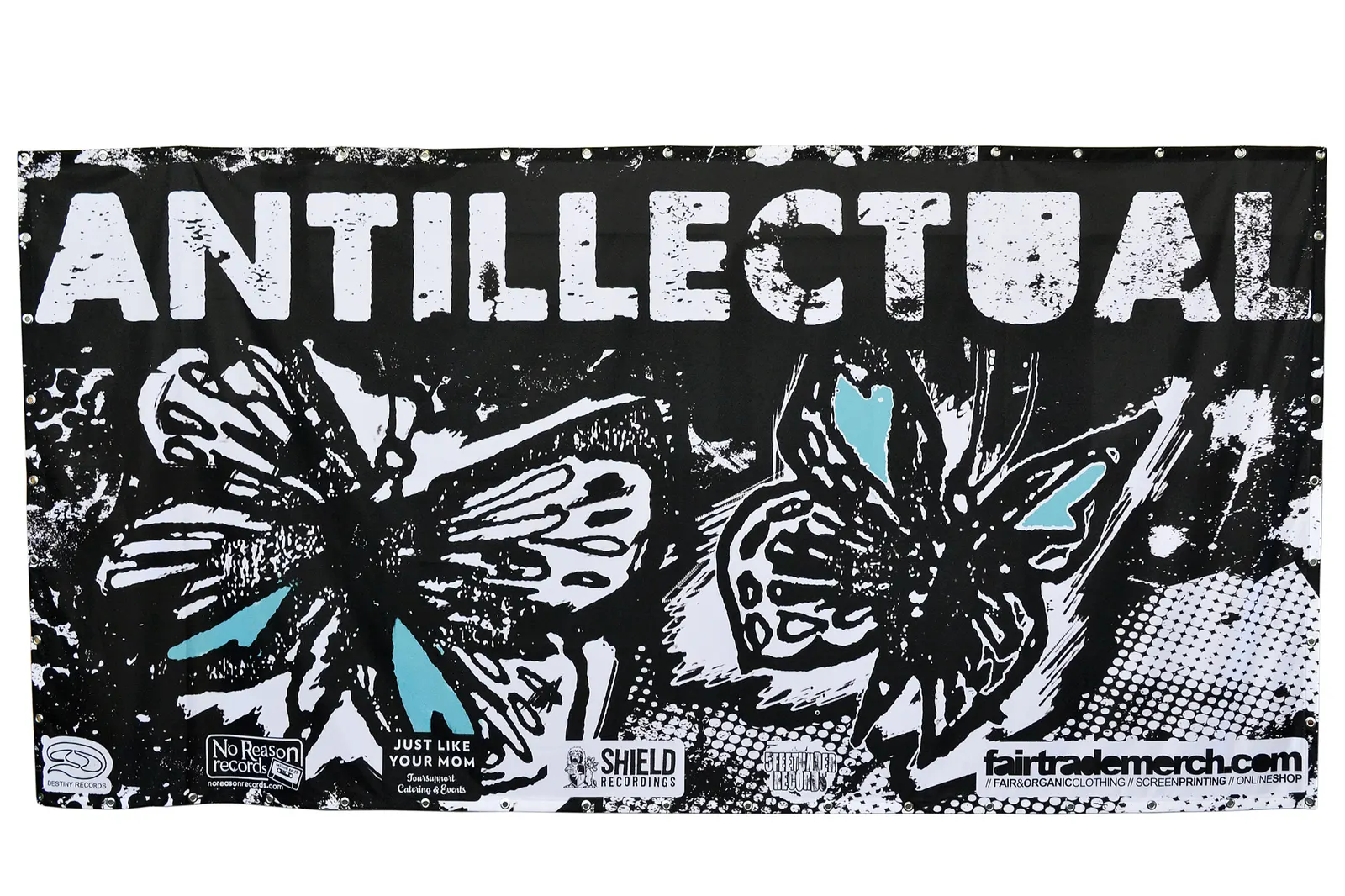 Black and white Antillectual backdrop with butterfly artwork