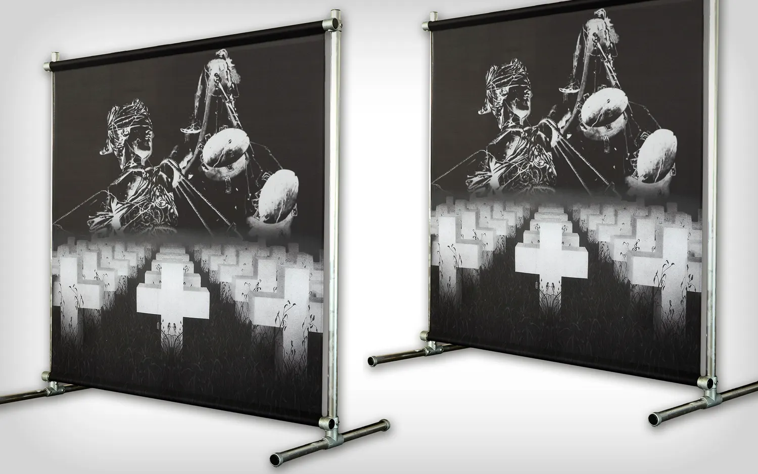 Two printed side drops on metal frames with skull and cross artwork
