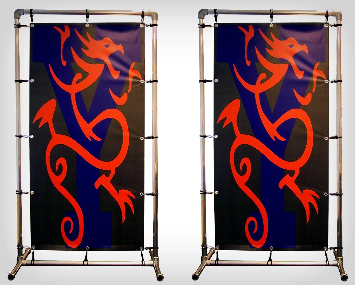 Pair of side drops on frames with a red dragon on a blue background