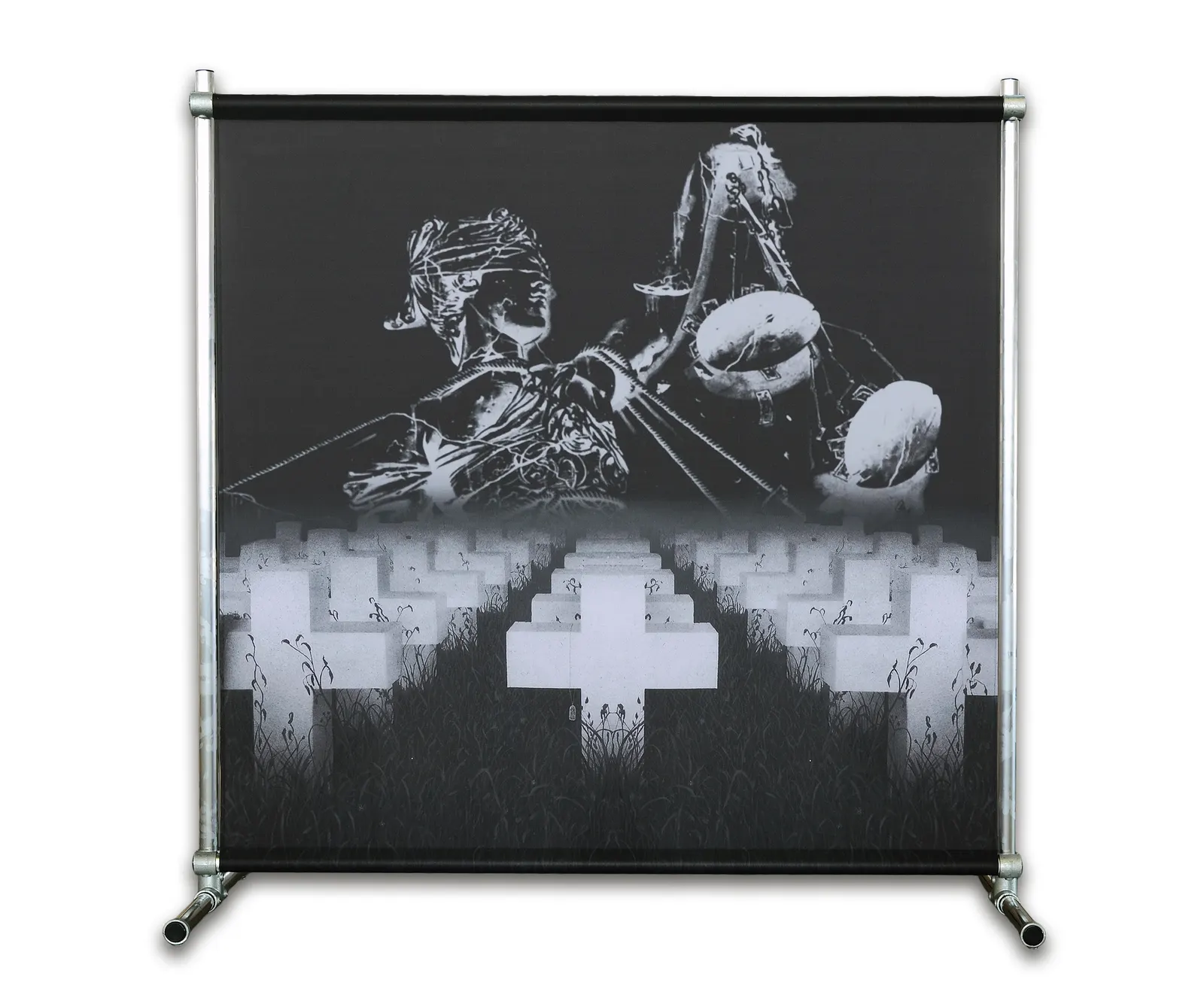Stage banner: printed Decotex fabric in a free-standing frame