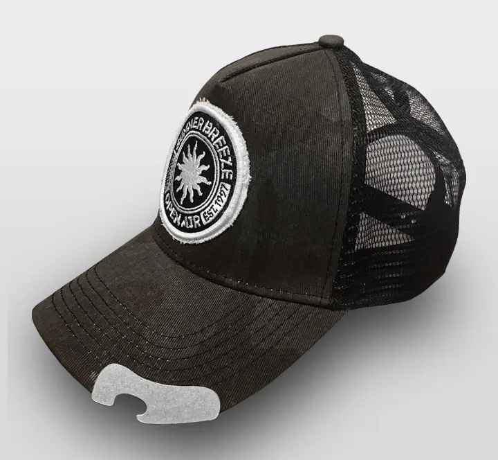 Summer Breeze trucker cap showing the metal bottle opener under the peak