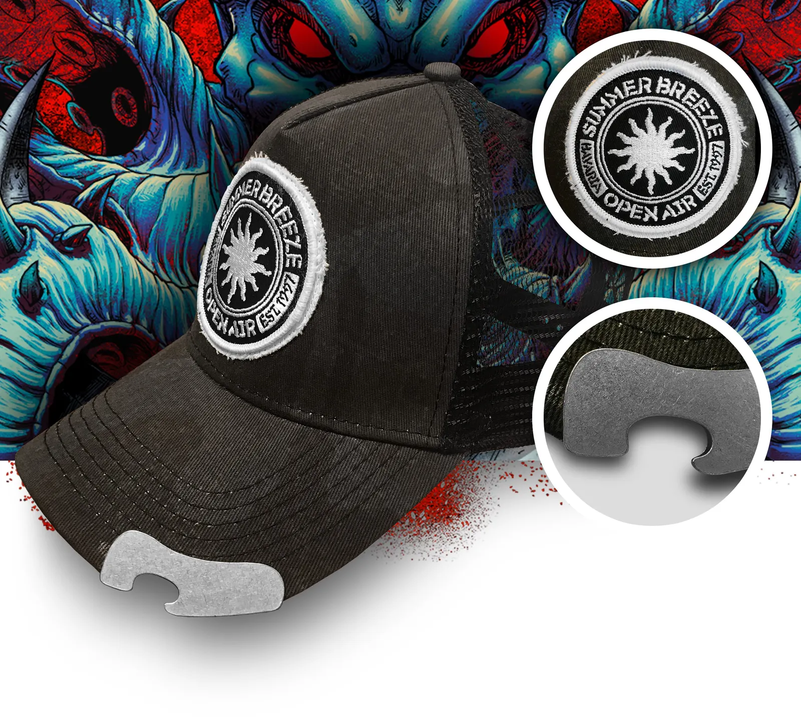 Black Summer Breeze trucker cap with round logo patch, and a close-up of the bottle opener in the peak